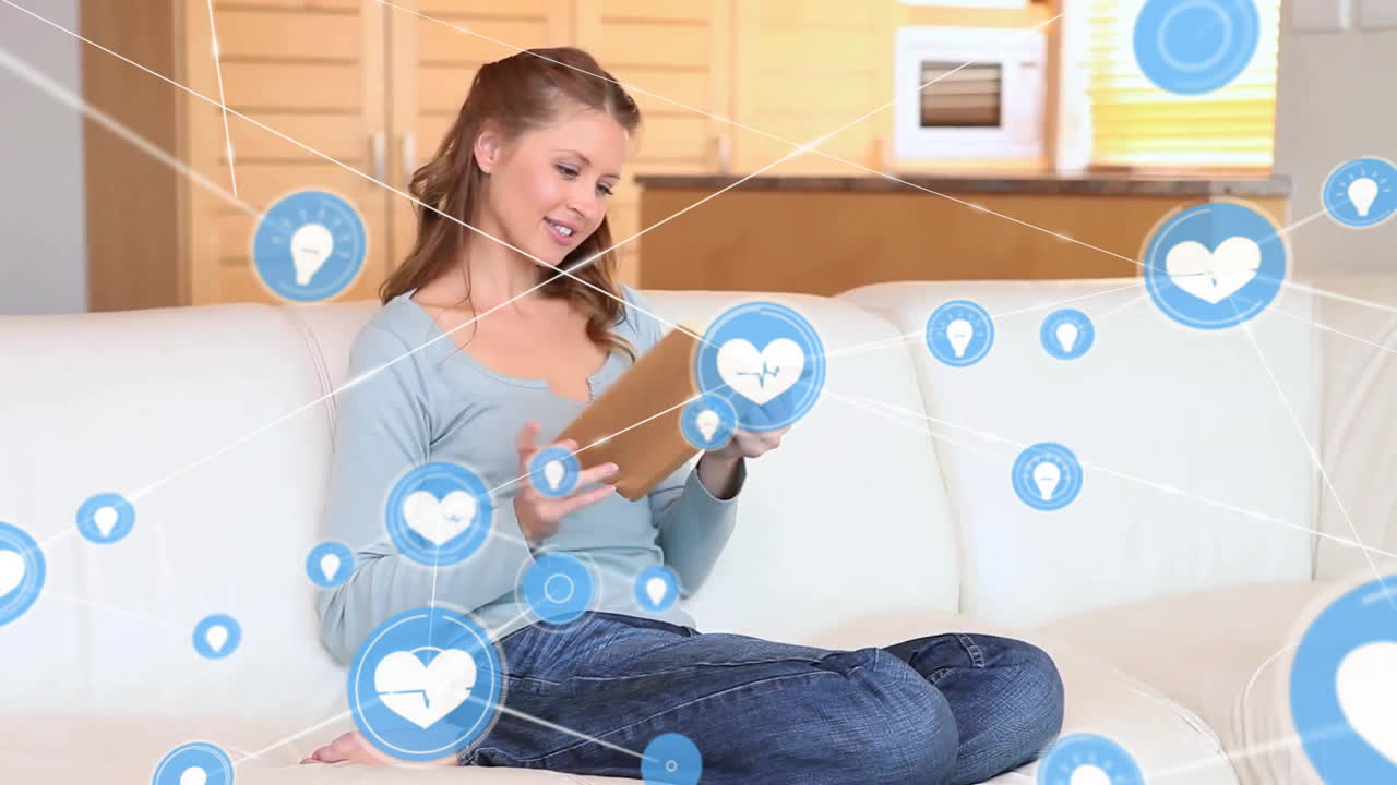 카우카스 여성이 책을 읽는 상징과 연결 네트워크의 애니메이션