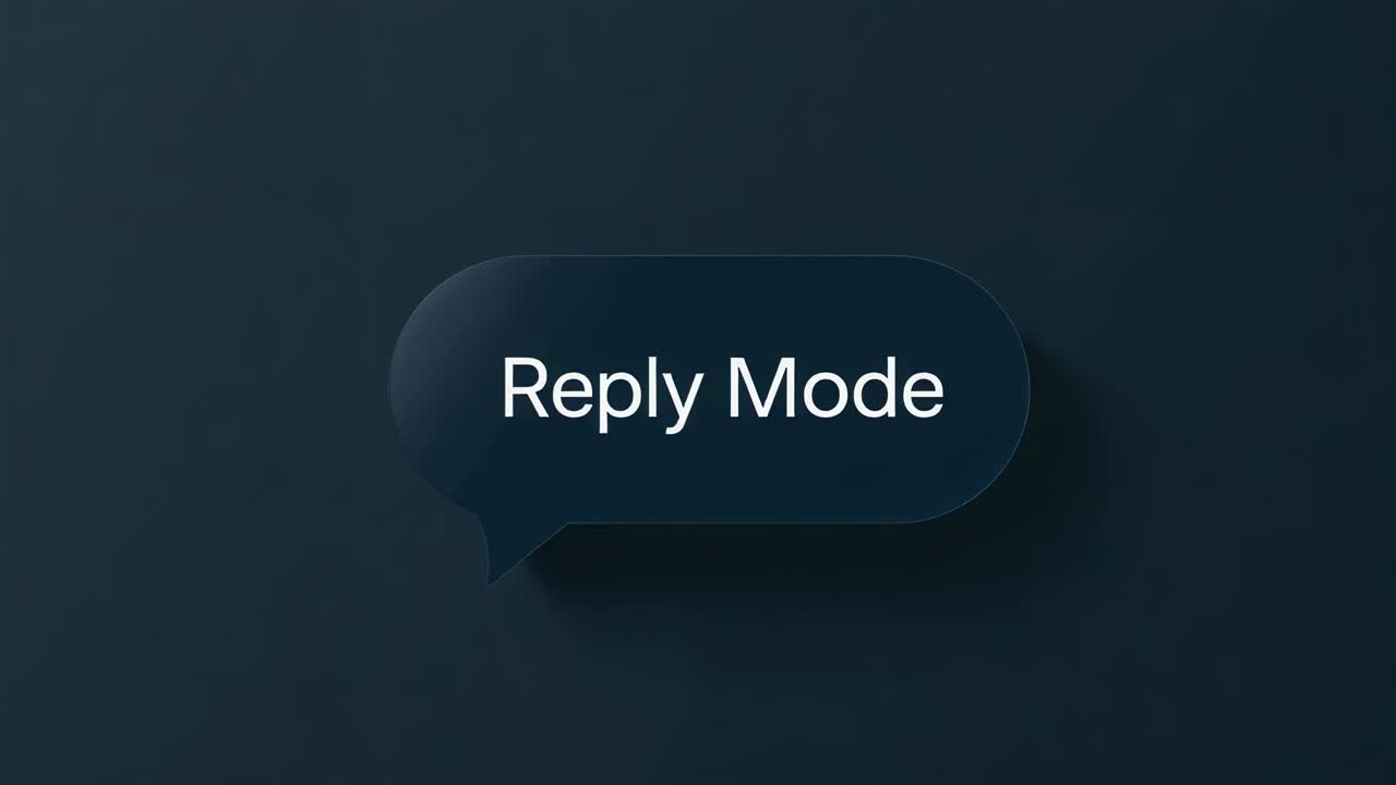 Animating rounded speech bubble scaling and shifting on play at navy gradient, showing Reply Mode