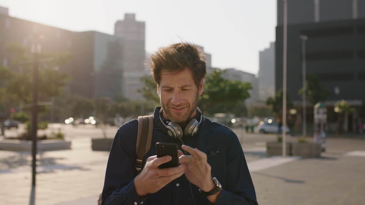 ritratto di un attraente uomo caucasico che scrive messaggi navigando utilizzando un'app mobile per smartphone in città al tramonto