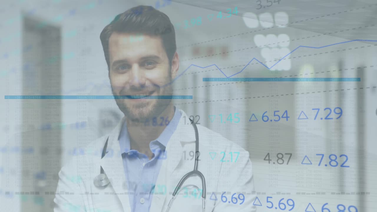 animación del procesamiento de datos y estadísticas sobre un médico con estetoscopio