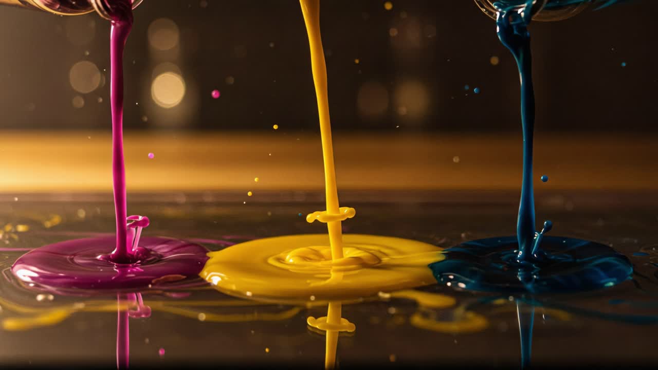 A Symphonic Cascade of Colors: The Mesmerizing Flow of Vibrant Paints Blending Harmoniously on a Surface Captured in Stunning Detail