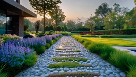 a walkway with a stone path and a row of purple flowers. the walkway is surrounded by a lush green lawn and a large house
