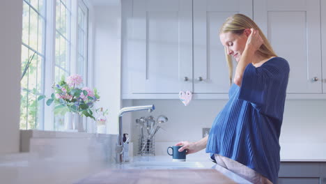 smiling pregnant woman standing by kitchen window touching stomach