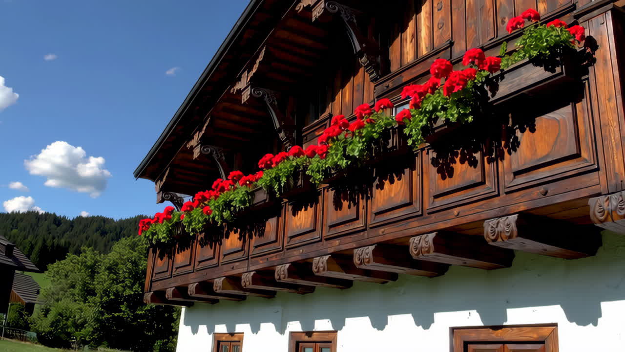 Picturesque Alpine Village Homes with Red Flowers