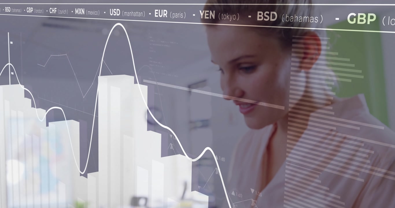 Female professional tapping and swiping tablet opening animated currency graphs for market analysis