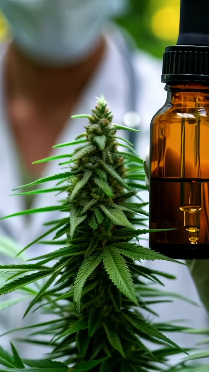 A woman in a white lab coat holding a bottle of cannabis oil. The bottle is brown and has a black cap. The woman is wearing gloves and a mask. Concept of professionalism and caution