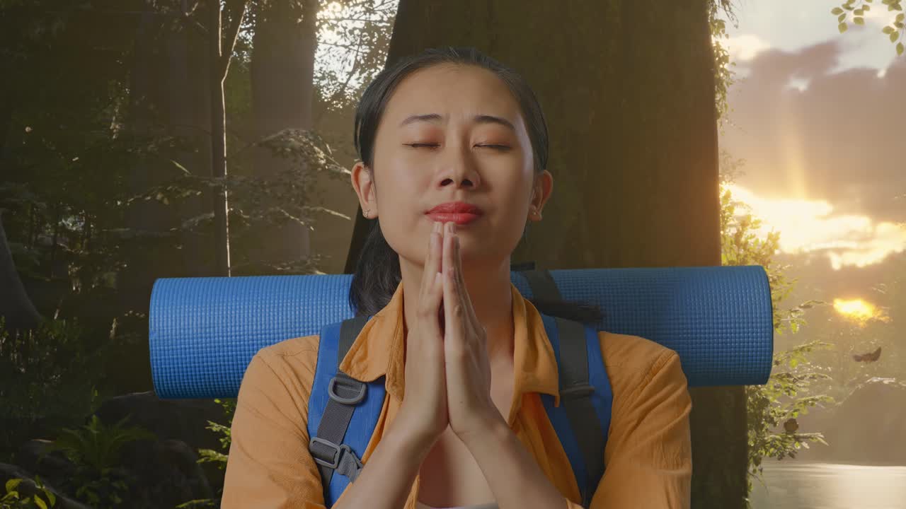 A woman praying in a forest