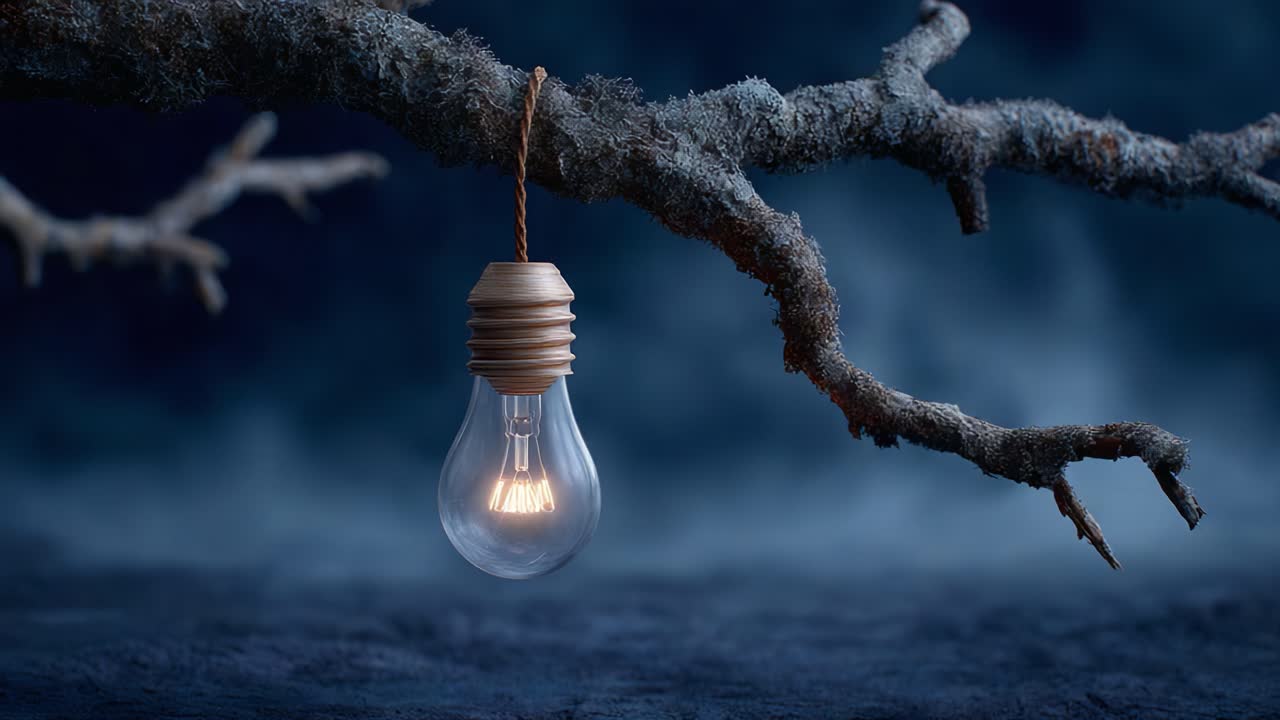 A Glowing Lightbulb Hangs from a Gnarled Branch, Illuminating a Mysterious Atmosphere in This Artistic Capture of Nature and Light