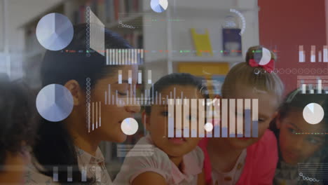 animation of graphs and trading board over diverse female teacher reading story book for students
