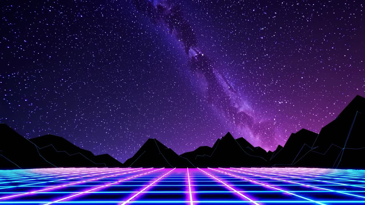 Stile video retro anni '80 con vista dal basso di un paesaggio a griglia neon, montagne in silhouette