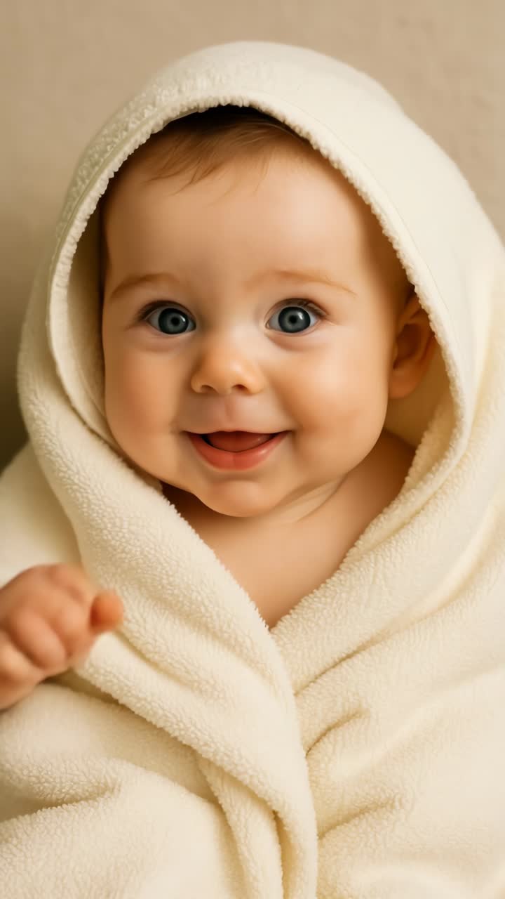 Adorable baby wrapped in a soft blanket, smiling directly at the camera