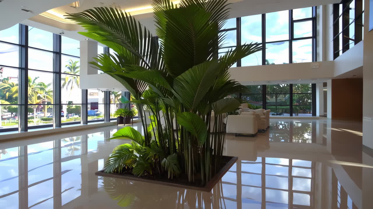 Modern Lobby with Lush Plants