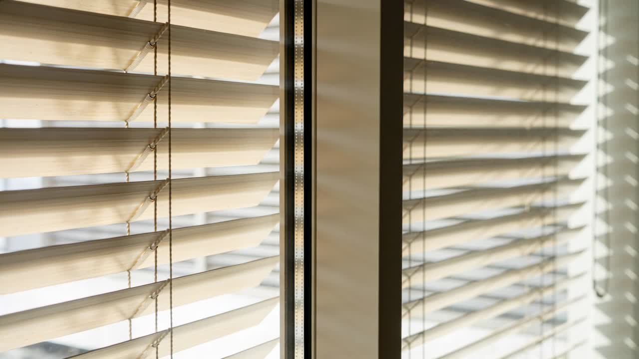 Shifting light moving across beige blinds, showing shadow bands on mullion, pull chain at window