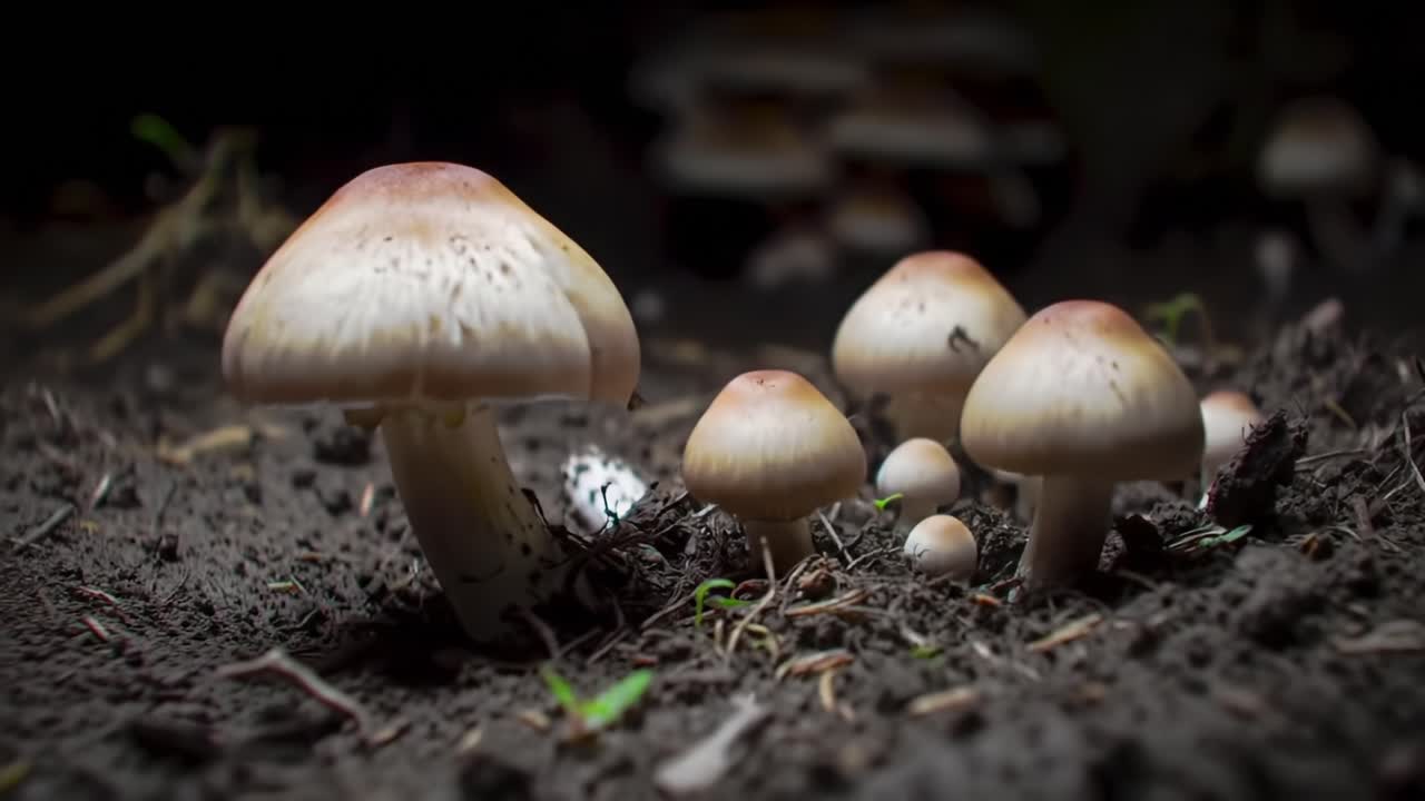 A Stunning Close-Up of Mushrooms Emerging from the Soil, Showcasing Their Unique Shapes, Textures, and Natural Beauty Under a Dim Light Environment