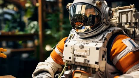 a man in an astronaut suit sitting at a table with a laptop