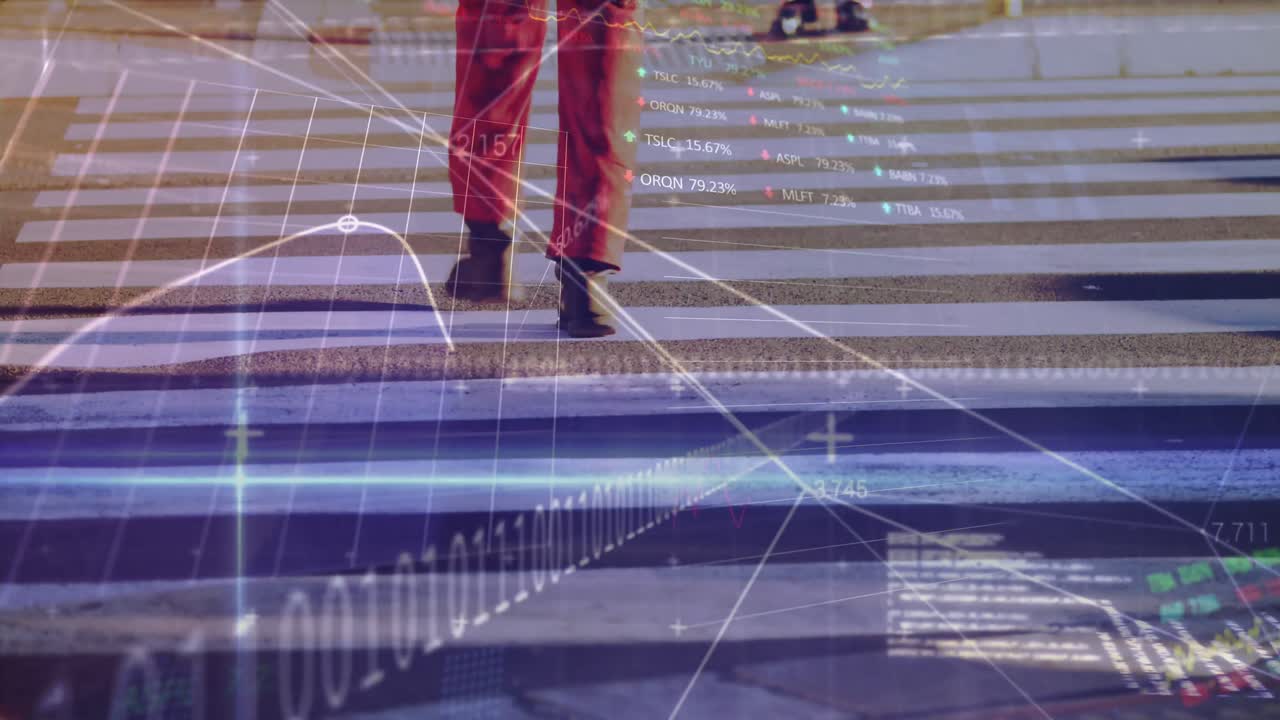 Animation of financial data processing over man walking on street