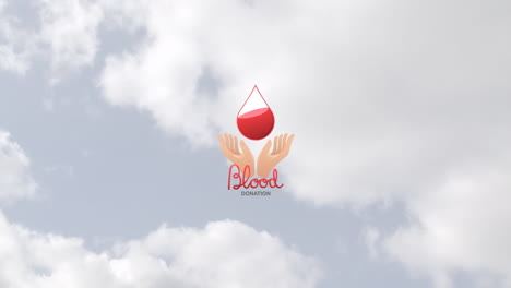 animation of blood donation text and blood drop over clouds