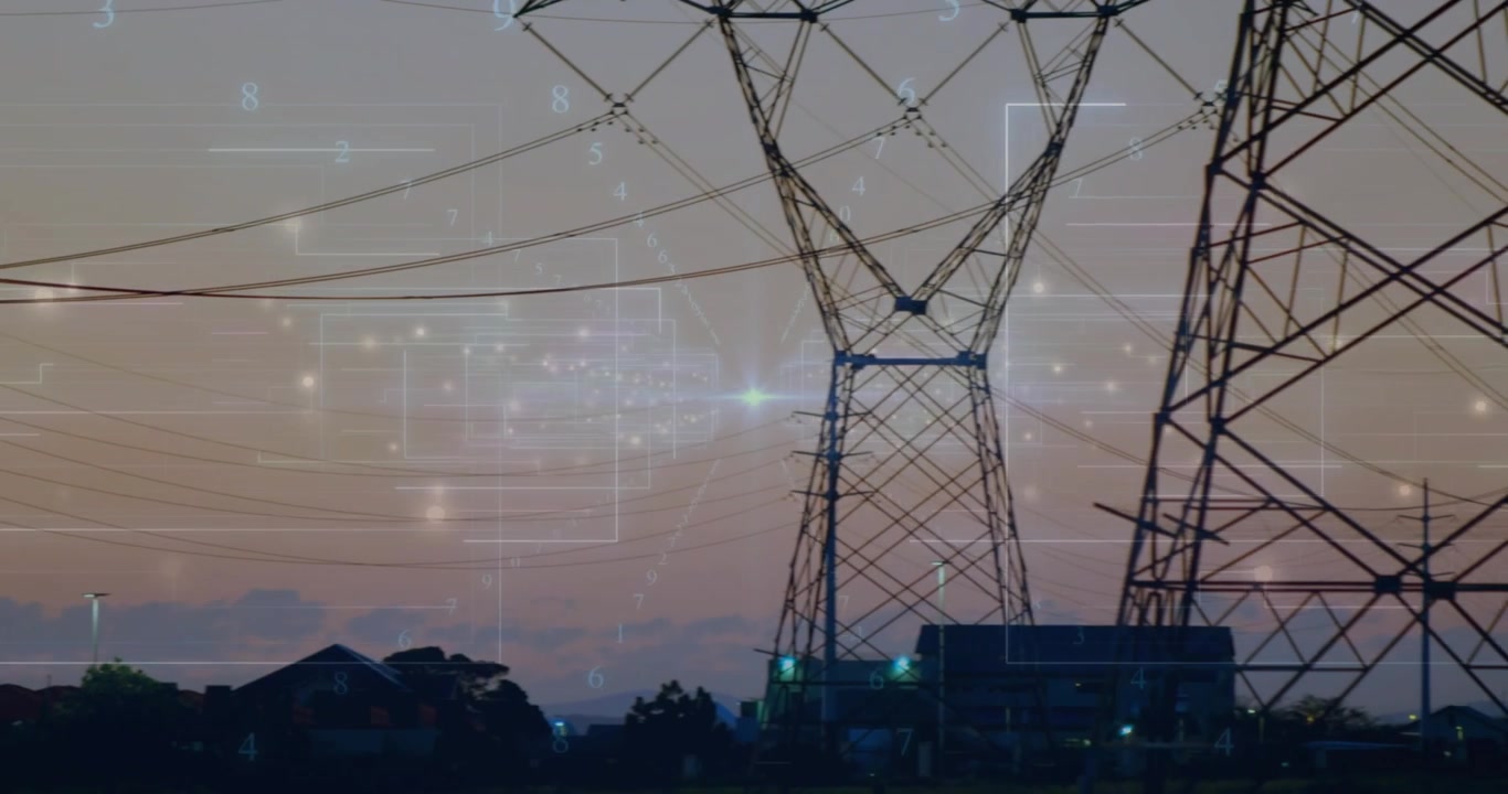 data overlay appearing causing panning across power lines to steel towers, showing power grid