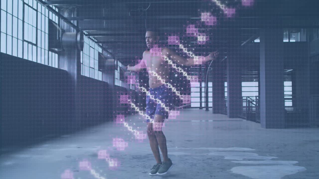 아프리카계 미국인 남자가 로프를 뛰어넘는 것에 대해 dna  ⁇ 어리가 회전하는 디지털 복합 비디오