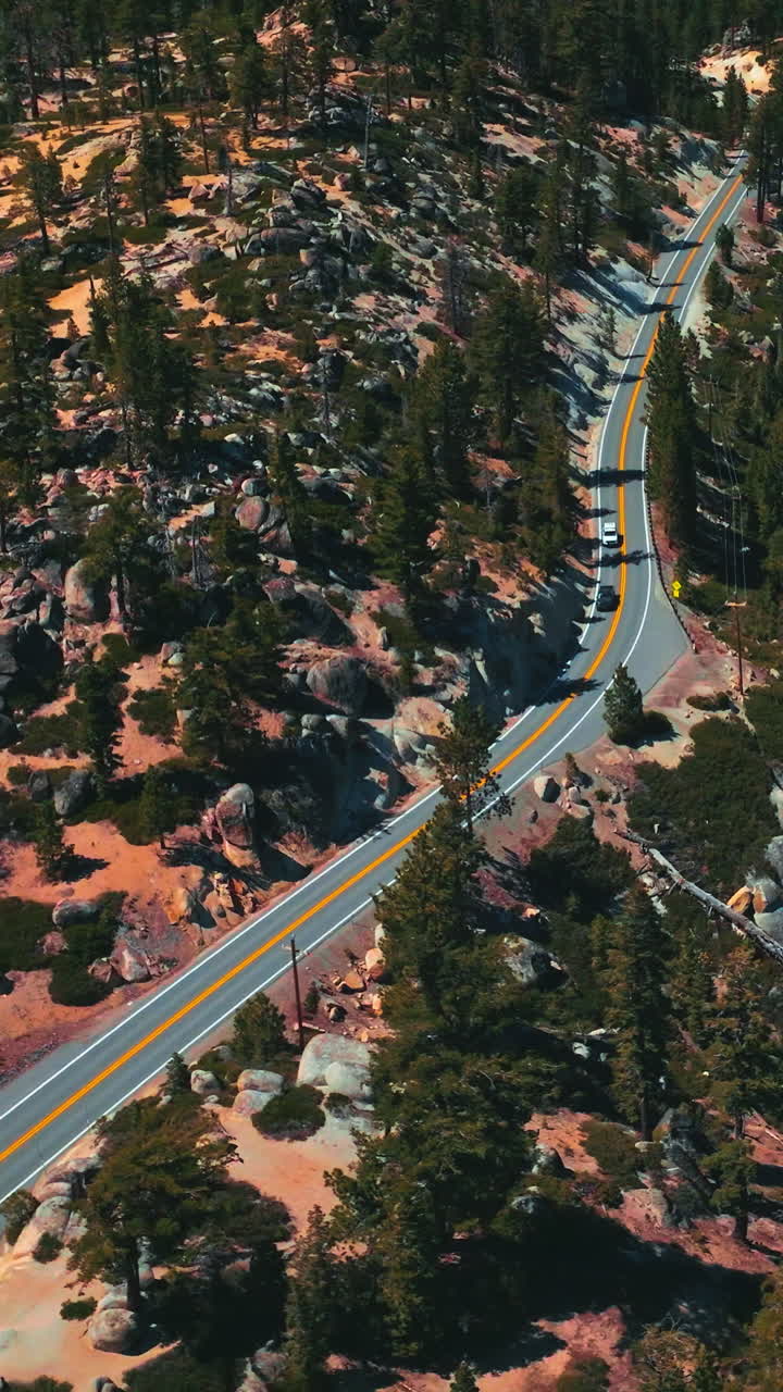 Mountainous wooded territory with road going along it. Pine tree forest growing on rocks. Top view. Vertical video