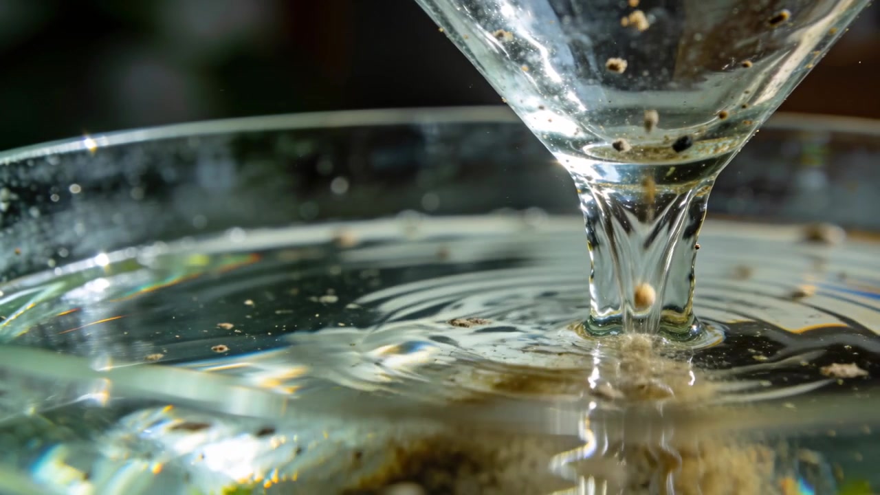 Imbuto che rilascia uno stretto getto di liquido in una ciotola poco profonda su un tavolo, disperdendo particelle.