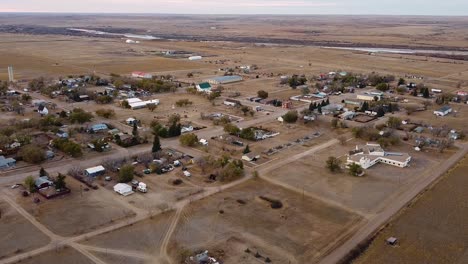 drone view over head of the town of empress alberta canada during the daytime in the prairies