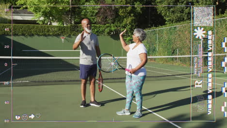 mature man and senior woman exchanging high?five on tennis court, with health icons and vhs glitch