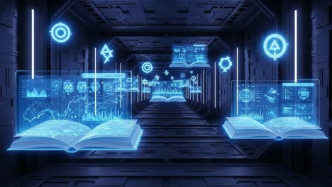 futuristic digital library: immersive visualization of data and knowledge in a technologically advanced environment with holographic books and graphs