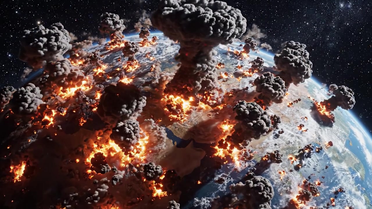 Una trasformazione agghiacciante: La Terra avvolta nel caos mentre esplosioni e fumo inghiottono il pianeta in un cataclisma cosmico di distruzione.
