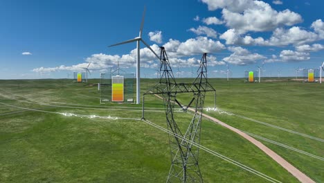parque eólico con turbinas y líneas eléctricas, campo verde y cielo azul, con íconos de baterías que indican el almacenamiento de energía