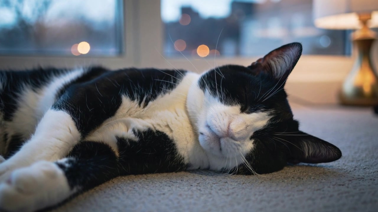 Un gatto tuxedo che riposa si muove leggermente sul pavimento di casa, vicino alla finestra, mentre l'inquadratura si stringe e una lampada brilla.
