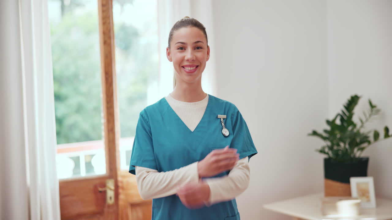 Woman, arms crossed and face of nurse working