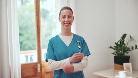 Woman,-arms-crossed-and-face-of-nurse-working