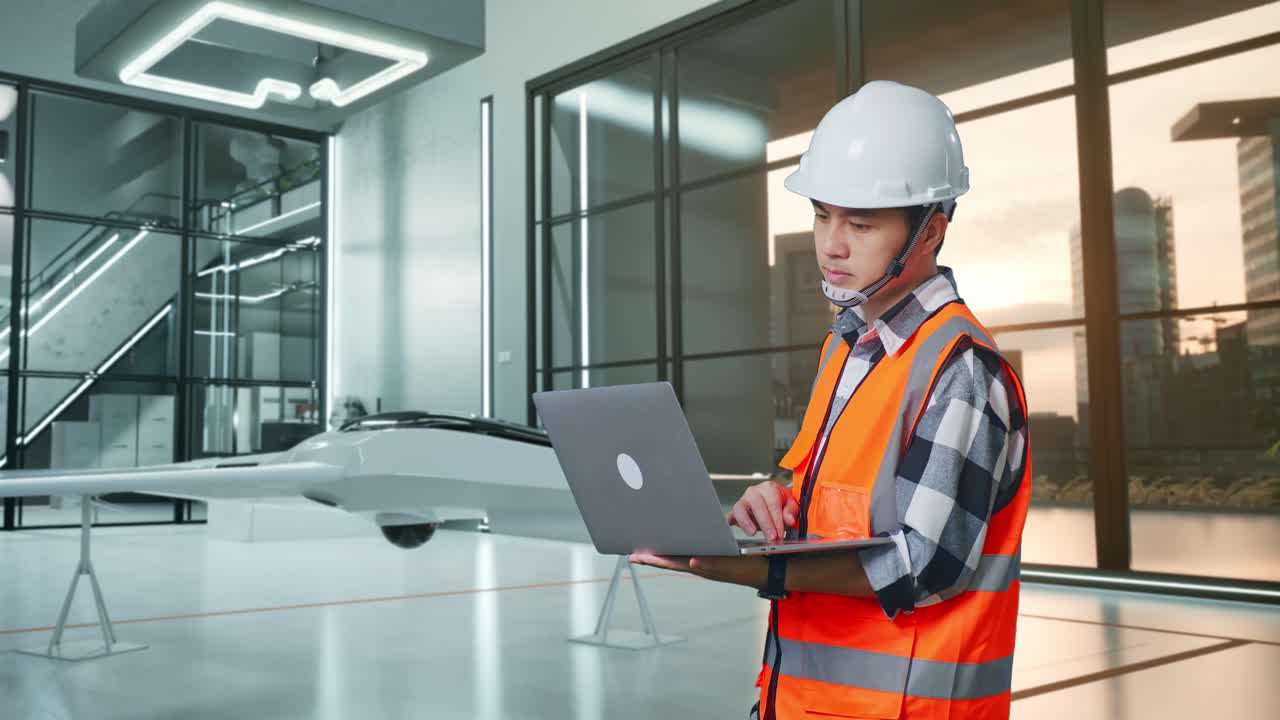 Engineer working on laptop in modern office space