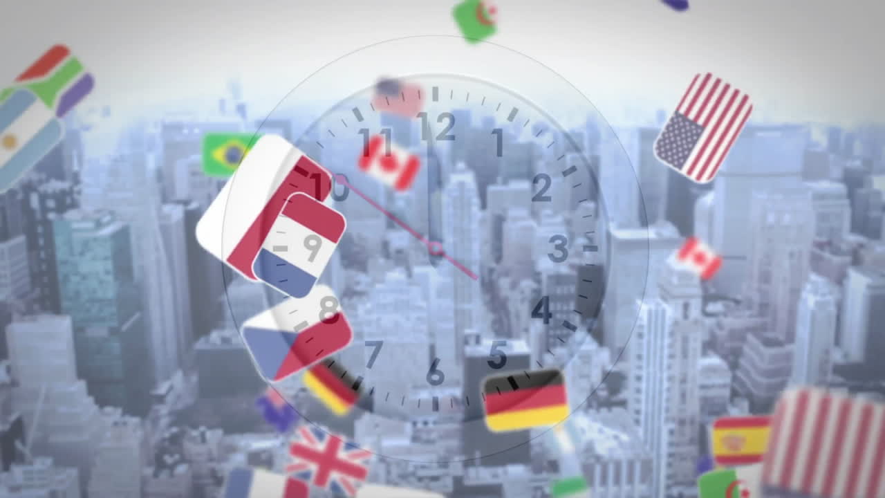 Floating international flags over cityscape with clock face animation in background