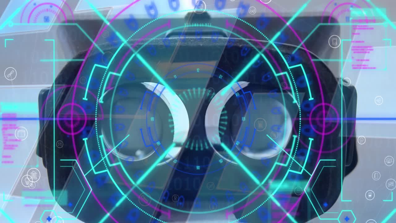 procesamiento de datos y escáner de alcance de neón contra el acercamiento de auriculares vr