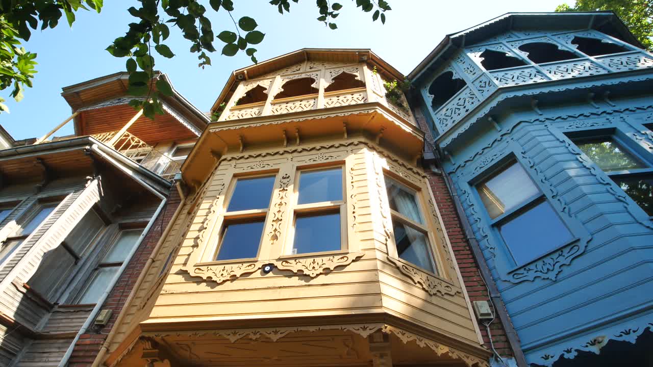 장식적 인 세부 사항 을 가진 다채로운 나무 집 들