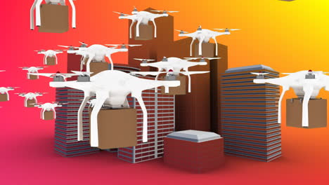 drones múltiples que llevan cajas contra el paisaje urbano en un fondo de gradiente amarillo y naranja