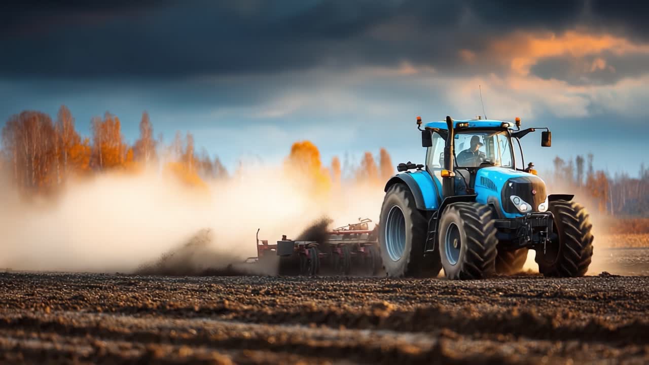 Un potente trattore che lavora i campi con precisione ed efficienza, smuovendo il terreno su uno sfondo di cieli drammatici e colori autunnali nel paesaggio.