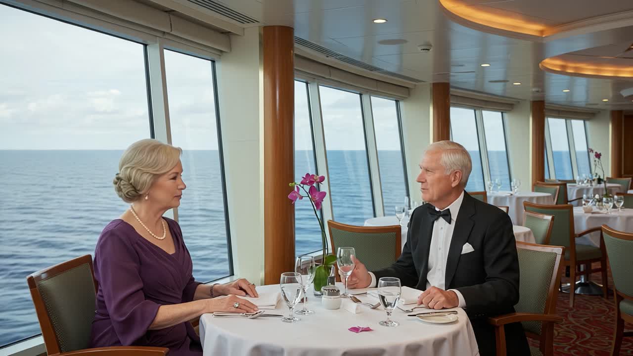 An Elegant Dining Experience: A Senior Couple Enjoying a Romantic Meal with Scenic Ocean View from a Ship's Restaurant