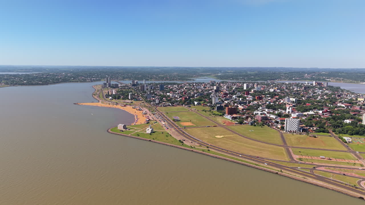 Aerial view of beach coastal city Playa San Jose on Paraná river Encarnacion Paraguay