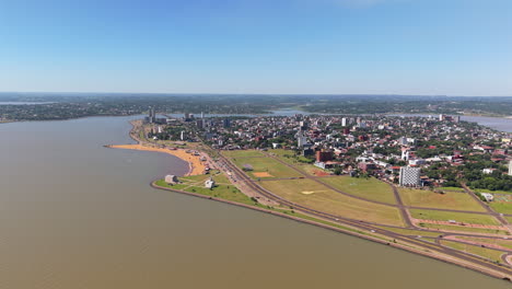 aerial view of beach coastal city playa san jose on paraná river encarnacion paraguay
