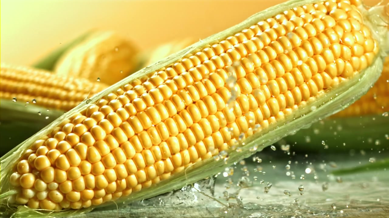 Close-up of Water Splashing on a Fresh Ear of Corn