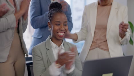 success, applause or happy black woman with laptop