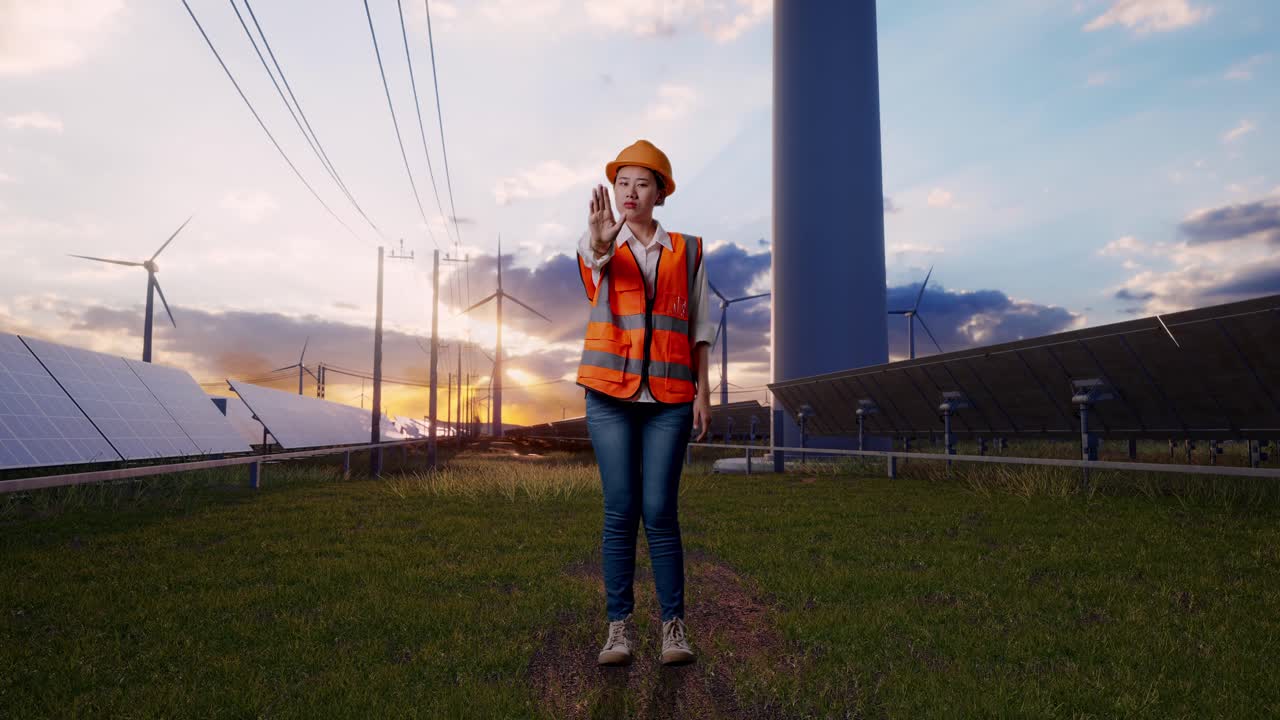 Full Body Of Asian Female Engineer With Safety Helmet Disapproving With No Hand Sign With Solar Panel and Wind Turbines