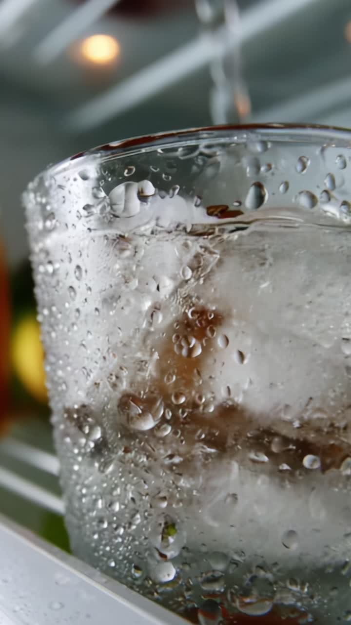 Una bevanda rinfrescante con cubetti di ghiaccio all'interno di un bicchiere che mostra la condensa, catturata perfettamente in due inquadrature che mostrano un ambiente pulito all'interno del frigorifero