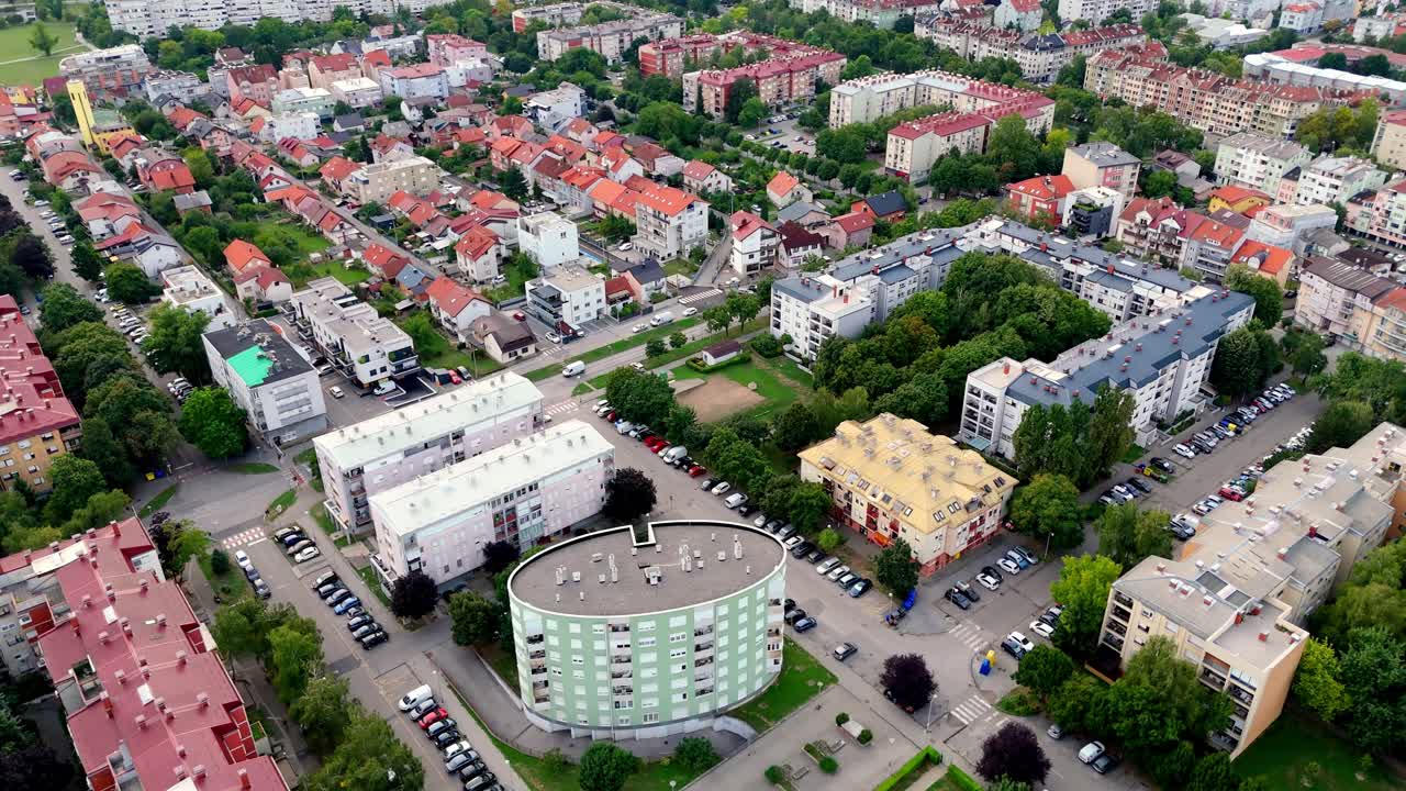 Aerial drone view of Zagreb skyline, Croatia top down view on residential area in downtown