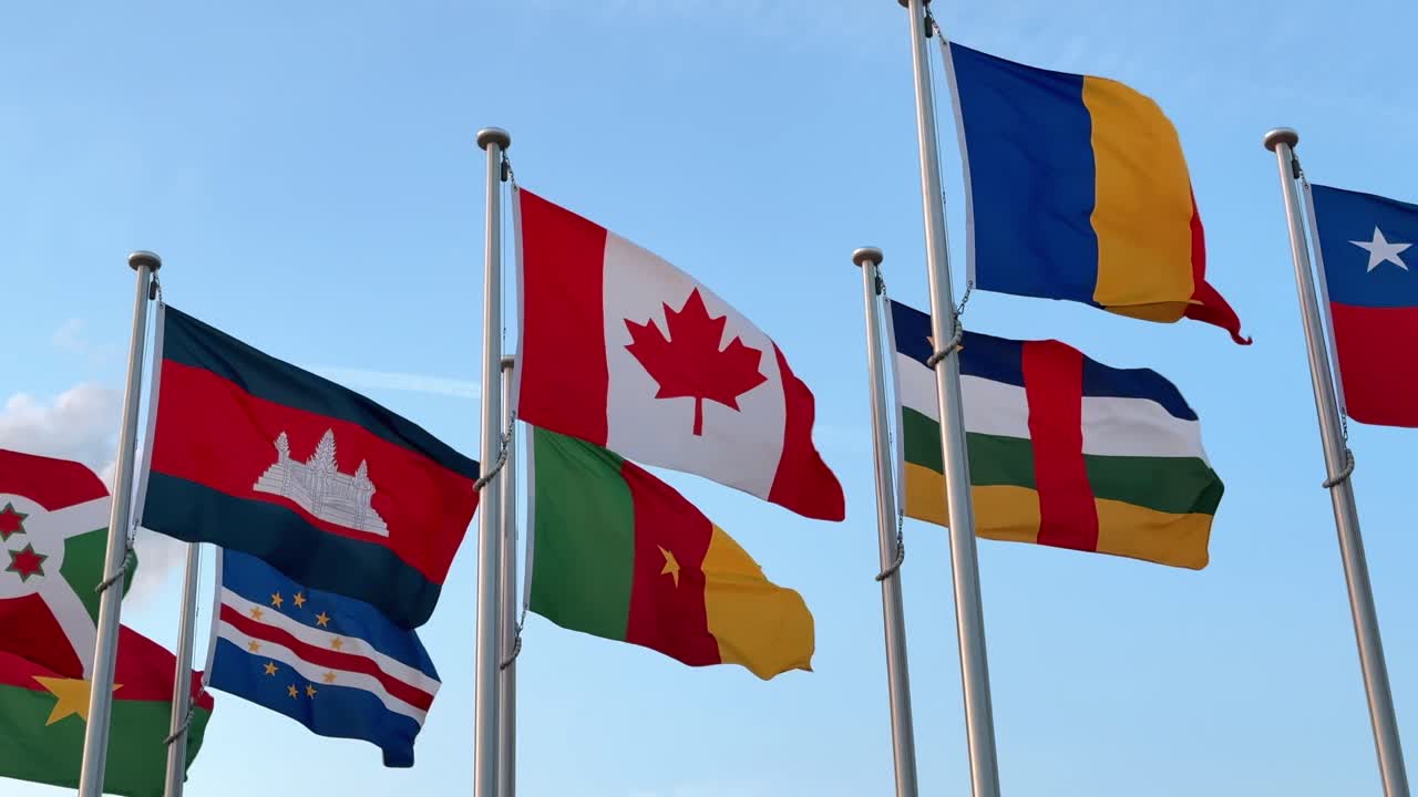 A low-angle view of colorful national flags waving in the breeze under a clear sunny sky, with the Canadian flag standing out prominently among the international display