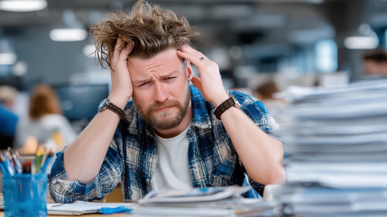 A Frustrated Man in an Office Struggles with Overwhelming Paperwork and Stress, Showcasing the Challenges of Modern Work Environments