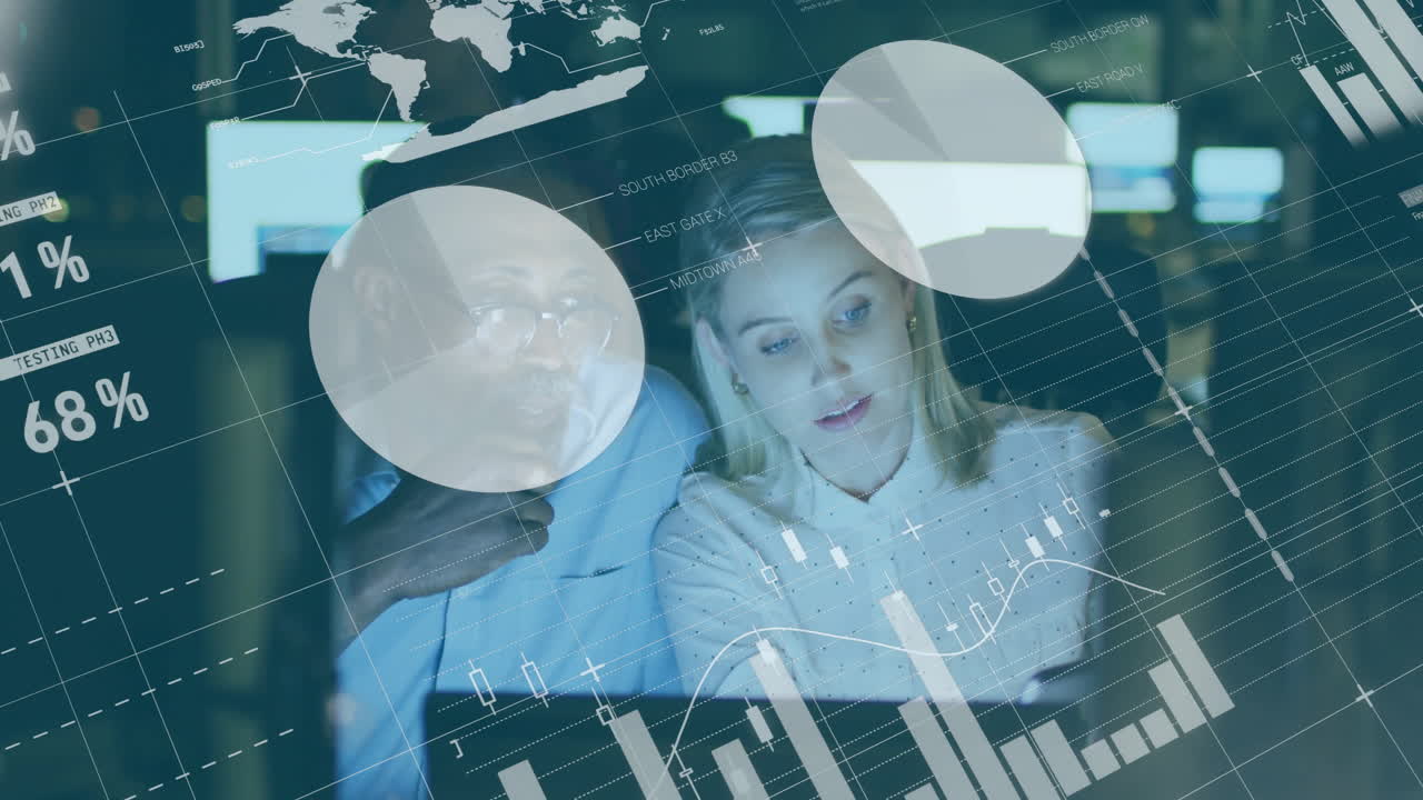 Animation of financial data processing over diverse business people in office